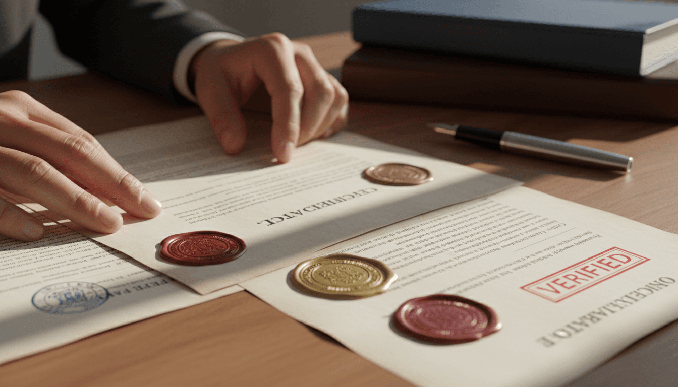 Profesional revisando documentos legales con sellos de legalización