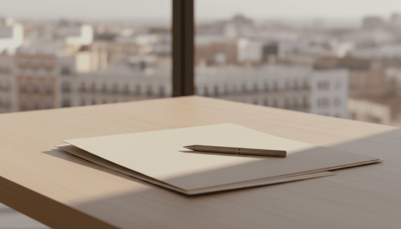 Documentos organizados en escritorio profesional con vista de Madrid